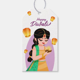 Etiquetas Para Regalos Charming Indian Girl with Floating Lanterns Diwali