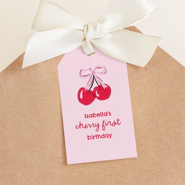 Etiquetas Para Regalos Cherry First Birday Coquette Bow Favor (cherry first birthday gift tag with illustrated cherries tied with a pink bow)