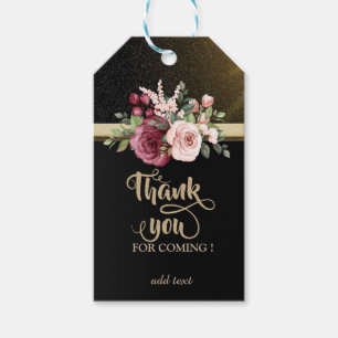 Etiquetas Para Regalos Chic Negro, Raya Dorada, Flores Gracias