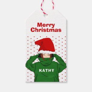 Etiquetas Para Regalos Chica lindo con Navidades de Green Hoodie Santa Ha