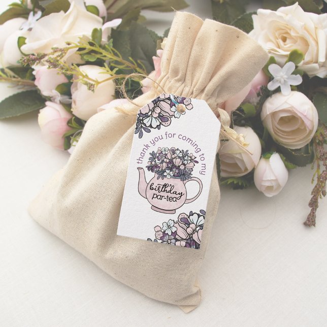 Etiquetas Para Regalos Chicas Floral de Teapot Cumpleaños Gracias Por Fav (Girls Birthday Tea Party Favor Tags)