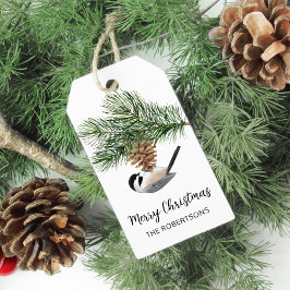 Etiquetas Para Regalos Chickadee de invierno en Pinecone Merry Christmas