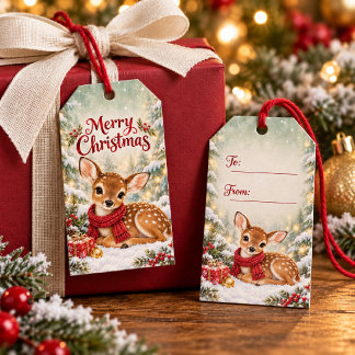 Etiquetas Para Regalos Ciervo dulce de Navidad en una bufanda acogedora