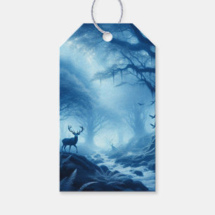 Etiquetas Para Regalos Ciervo en bosque oscuro de bruma azul