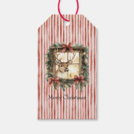 Etiquetas Para Regalos Ciervos en Ventana Rayas Rojas Lazos Navidad