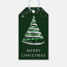 Etiquetas Para Regalos Cinta verde y plateada y árbol de Navidad con purp