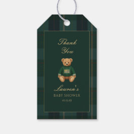 Etiquetas Para Regalos Classic Dark Green Plaid Bear Baby Shower Gift Tag