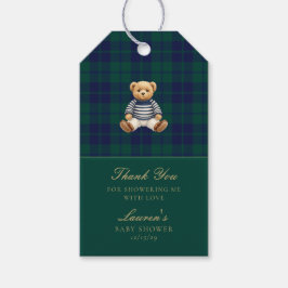 Etiquetas Para Regalos Classic Green Navy Plaid Bear Baby Shower