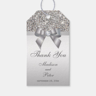 Etiquetas Para Regalos Classy Silver Sequins Bow Gracias