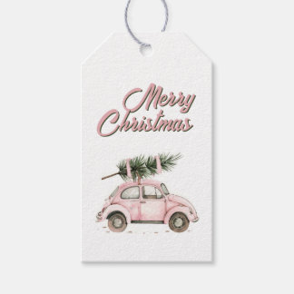 Etiquetas Para Regalos Coche de bicho rosa con árbol de Navidad