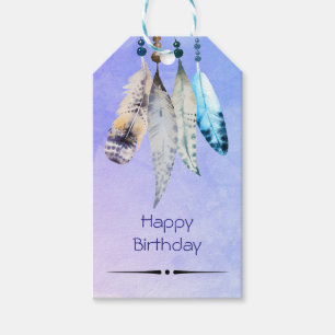 Etiquetas Para Regalos Colas de color de agua 'n Feathers Happy Birday