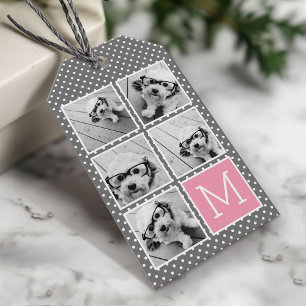 Etiquetas Para Regalos Collage de 5 fotos de Instagram gris y rosa con mo