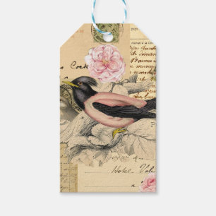 Etiquetas Para Regalos Collage de Pájaro de Tarjeta Postal Antigua para Á