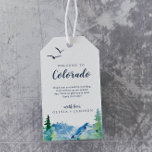 Etiquetas Para Regalos Colorado Destination Wedding Welcome<br><div class="desc">These Colorado destination wedding welcome gift tags are perfect for an outdoor wedding. The design features a blue and green painted wilderness landscape with watercolor pine trees, birds and mountains. Personalize the tags with the location of your wedding, a short welcome note, your names, and wedding date. These tags are...</div>