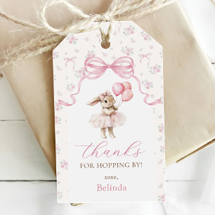 Etiquetas Para Regalos Conejo de Cumpleaños con Lazo Coquette Floral Rosa