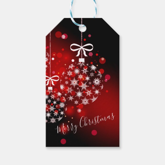 Etiquetas Para Regalos Copos de nieve en un fondo rojo y negro. (Anverso)