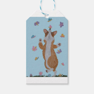 Etiquetas Para Regalos Corgi galés bailando con mariposas