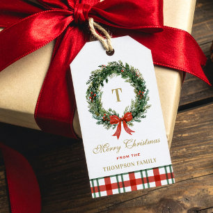 Etiquetas Para Regalos Corona de Navidad con monograma dorado a cuadros r