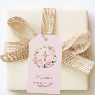 Etiquetas Para Regalos Corona floral de tono rosa para la Primera Comunió