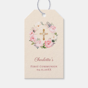 Etiquetas Para Regalos Corona floral rosa marfil cruz Primera Comunión DI