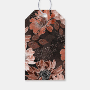 Etiquetas Para Regalos Crema, flores terracota sobre fondo marrón oscuro