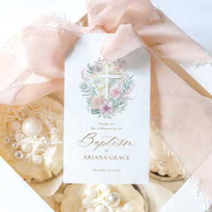 Etiquetas Para Regalos Cruz de Oro Rosa Floral Elegante Bautismo acuático