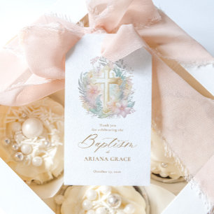 Etiquetas Para Regalos Cruz de Oro Rosa Floral Elegante Bautismo acuático