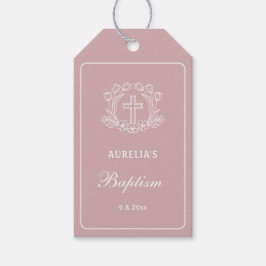 Etiquetas Para Regalos Cruz floral simple en bautismo rosa