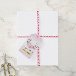 Etiquetas Para Regalos Cuernecillos Florales Rosado y Dorado Cumpleaños d