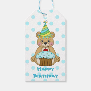 Etiquetas Para Regalos Cumpleaños azul lindo del oso de Polkadot