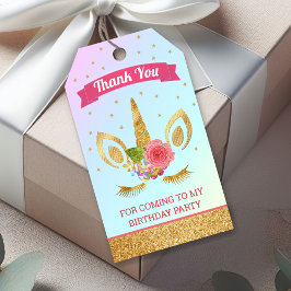Etiquetas Para Regalos Cumpleaños de Cara de Unicornio con Brillo Dorado