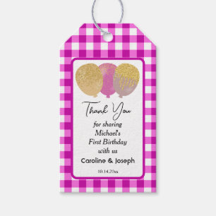 Etiquetas Para Regalos Cumpleaños de Pretty Pink Gingham, Glitter Balloon