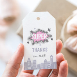 Etiquetas Para Regalos Cumpleaños de superhéroe de cómic rosa
