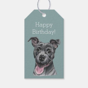 Etiquetas Para Regalos Cumpleaños gris feliz del perro del pitbull