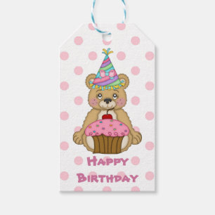 Etiquetas Para Regalos Cumpleaños rosado del oso de Polkadot