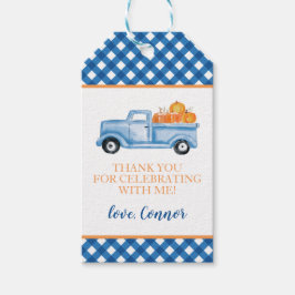 Etiquetas Para Regalos Cumpleaños uno Little Pumpkin camión azul a cuadro