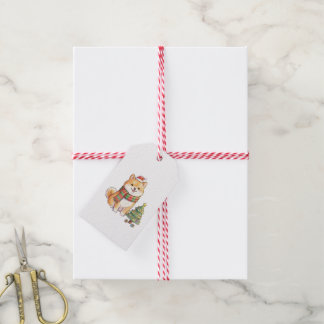 Etiquetas Para Regalos Cute Navidad Shiba Inu con sombrero y bufanda de S