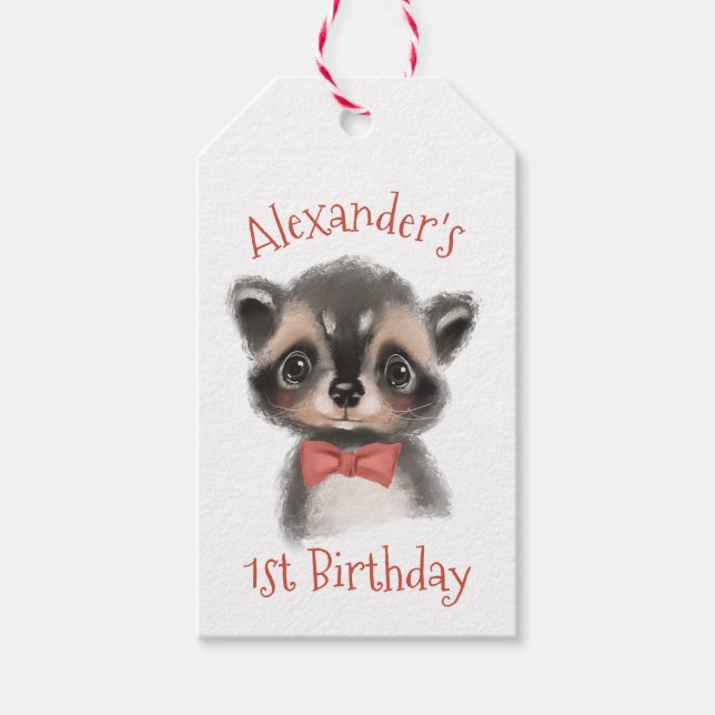 Etiquetas Para Regalos Cute Woodland Raccoon 1er cumpleaños (Anverso)