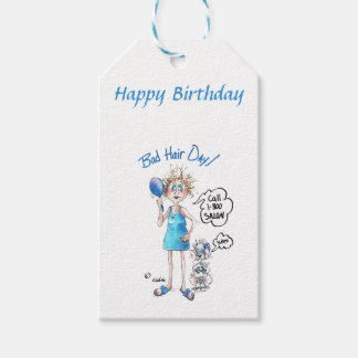 Etiquetas Para Regalos Día del Pelo Malo, vestido azul, expresión angusti