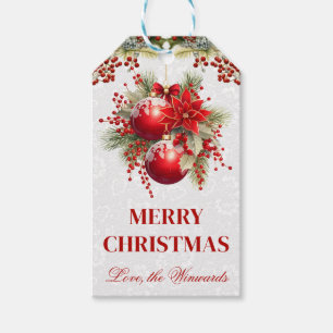 Etiquetas Para Regalos Diseño de Navidad con Flor de Pascua y Adornos Roj
