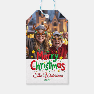 Etiquetas Para Regalos Divertida Foto con Letra Retro de Feliz Navidad