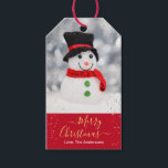 Etiquetas Para Regalos DIY Merry Christmas, Name, Little Snowman, Purpuri<br><div class="desc">Diga "Feliz Navidad con amor" con este lindo muñeco de nieve con gorra, bufanda y purpurina de oro, o use su foto. Personalice su nombre y mensaje en texto amarillo y blanco en una caja roja profunda. La parte posterior tiene fondo de color oro suave y texto de guión rojo....</div>