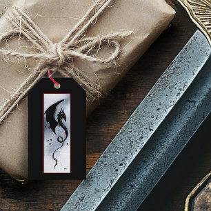 Etiquetas Para Regalos Dragón Tribal Negro Audaz con Flores Rojas y Azule