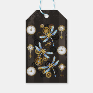 Etiquetas Para Regalos Dragoniscos de Steampunk sobre fondo rayado marrón