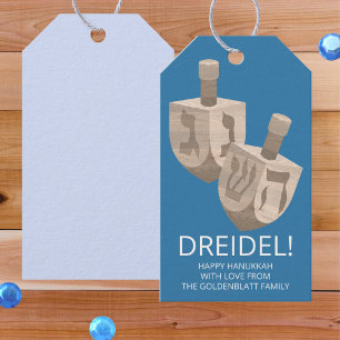 Etiquetas Para Regalos Dreidel Rustic Oak Hanukkah Diversión Azul Y Blanc