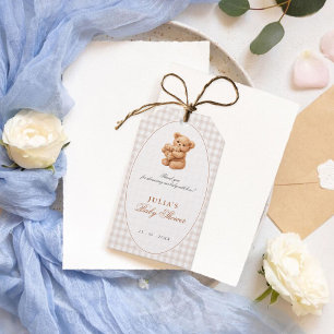 Etiquetas Para Regalos Ducha de bebé de osito de gingham marrón corazón p