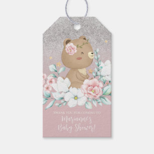 Etiquetas Para Regalos Ducha de Bebé Oso Floral Brillo Rosa Suave