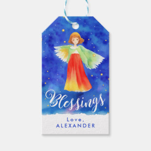 Etiquetas Para Regalos Dulces Bendiciones Angel Navidad Acuarela Colorida