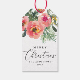 Etiquetas Para Regalos Elegante Acuarela Floral Rosa Feliz Navidad