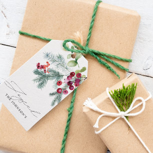 Etiquetas Para Regalos Elegante acuarela Verdor de Invierno Berries Rojas